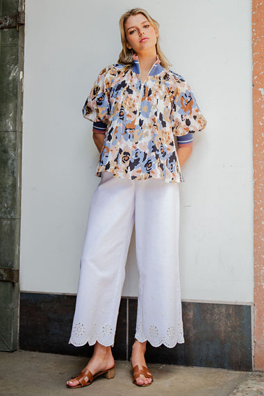 LADIES WHITE EYELET HEM PANTS