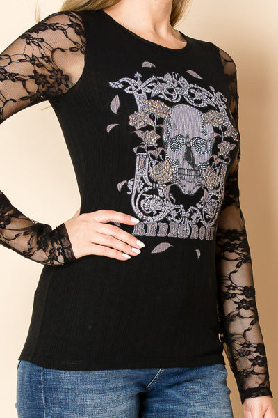 LADIES BLACK TOP W/SKULL AND LACE SLEEVES
