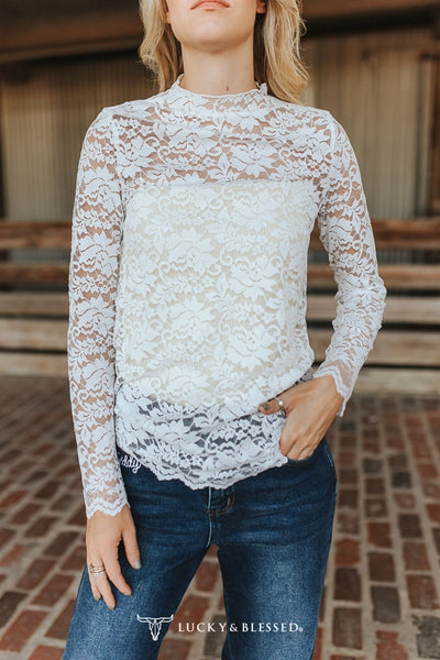 IVORY FLORAL LACE MOCK NECK LS TOP