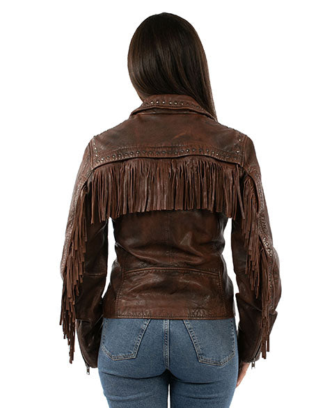LADIES BROWN LEATHER JACKET WITH REMOVABLE FRINGE