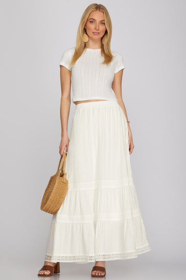 MAXI SKIRT WITH TIERED TRIM LACE AND POCKETS