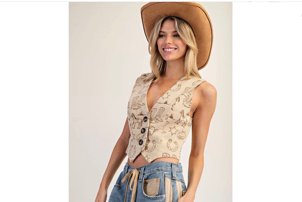 WESTERN GRAPHIC BUTTON DOWN VEST
