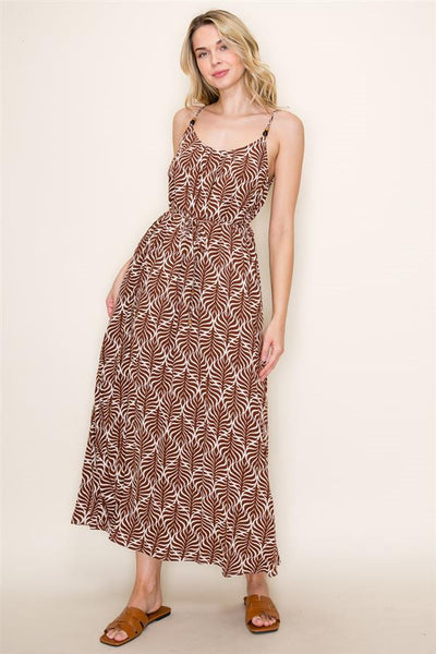 LADIES BROWN GEO PRINT MAXI DRESS
