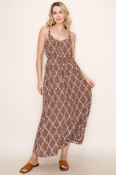 LADIES BROWN GEO PRINT MAXI DRESS