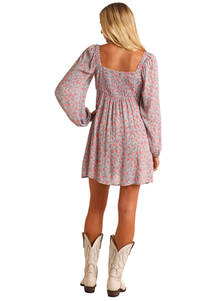 JUNIORS LS A-LINE MINI FLORAL DRESS