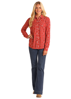 LADIES WESTERN PAISLEY PRINT SNAP LS SHIRT