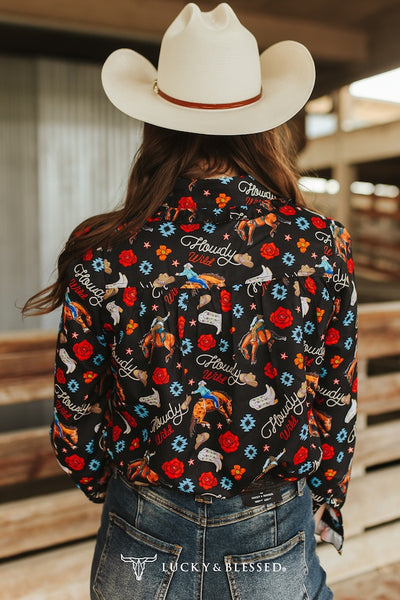 BLACK WESTERN PRINTED RUFFLE COLLARED SHIRT