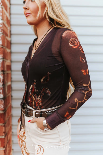 BROWN COWBOY HORSE ALLOVER PRINTED TOP