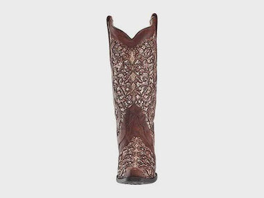 LD COGNAC INLAY & FLOWERED EMBROIDERY & STUDS BOOT