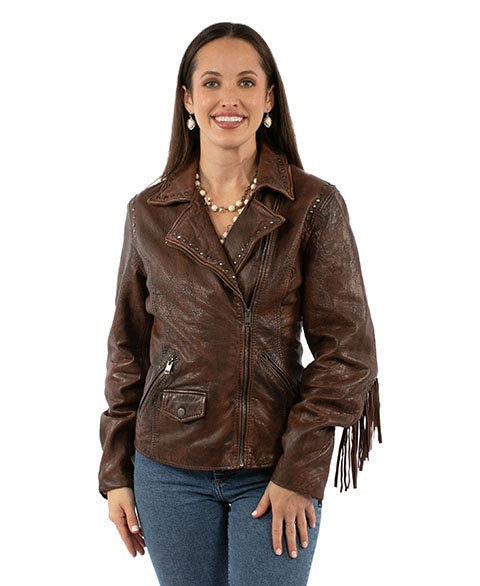 LADIES BROWN LEATHER JACKET WITH REMOVABLE FRINGE