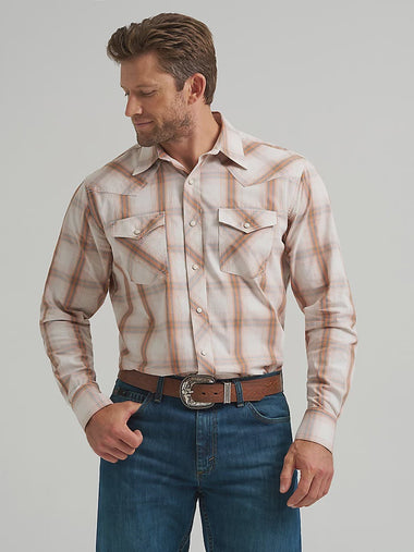 MENS LS ORANGE PLAID WITH PEARL SNAP SHIRT