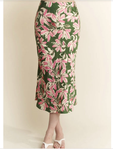 GREEN AND PINK FLORAL SATIN MIDI SKIRT