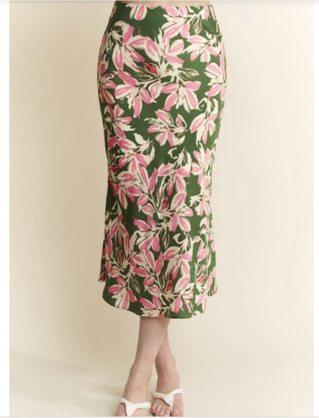 GREEN AND PINK FLORAL SATIN MIDI SKIRT