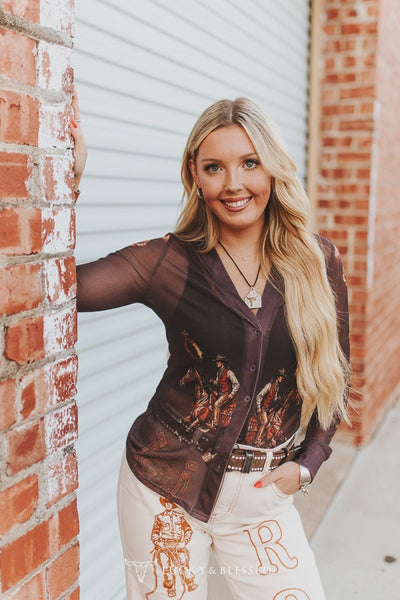 BROWN COWBOY HORSE ALLOVER PRINTED TOP