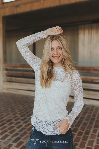 IVORY FLORAL LACE MOCK NECK LS TOP