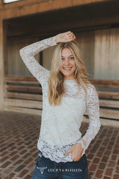 IVORY FLORAL LACE MOCK NECK LS TOP