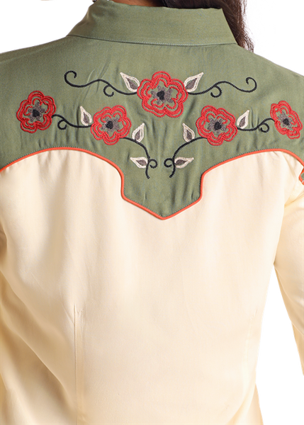 LADIES RETRO LS SNAP DRESS WITH EMBROIDERY