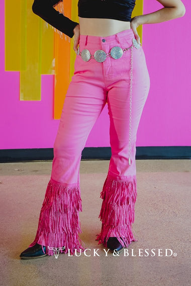 LADIES PINK TIER RHINESTONE FRINGE HEM PANTS