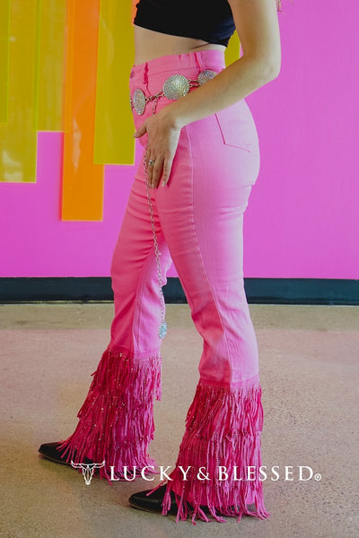 LADIES PINK TIER RHINESTONE FRINGE HEM PANTS