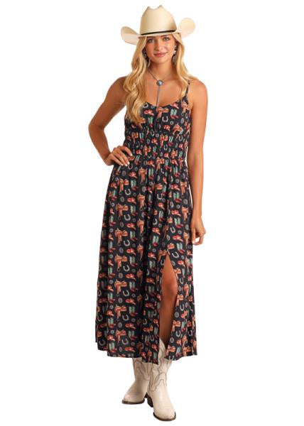 LADIES CONVERSATIONAL MIDI DRESS WITH FRONT SLIT