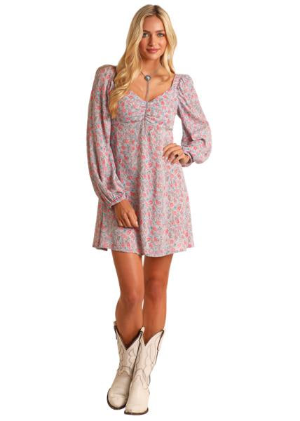 JUNIORS LS A-LINE MINI FLORAL DRESS