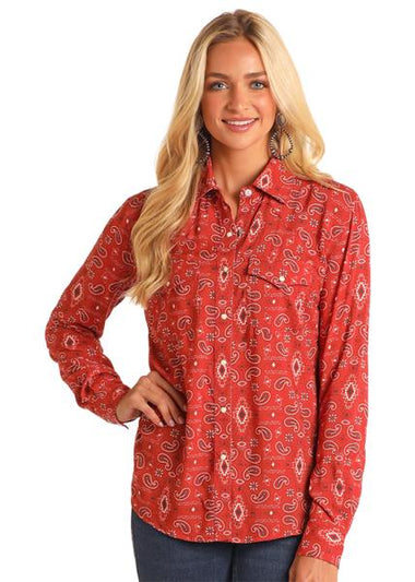 LADIES WESTERN PAISLEY PRINT SNAP LS SHIRT