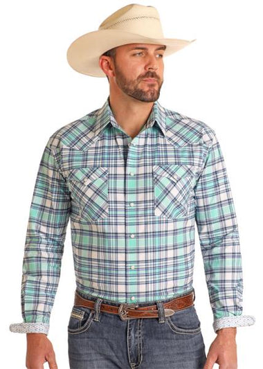MENS LS BLUE/MINT PLAID SNAP DOWN SHIRT