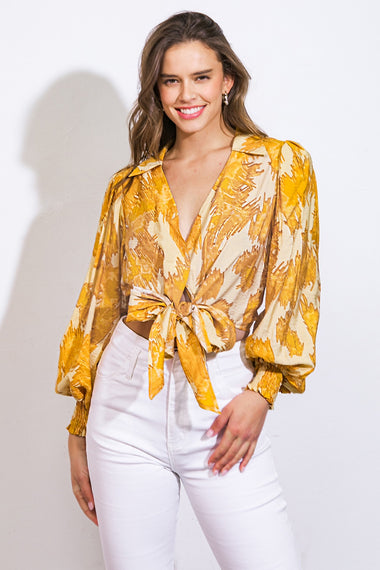 LADIES V-NECK BUTTON TIE FRONT TOP