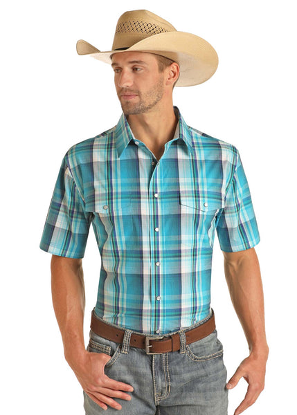 MENS TURQUOISE SHORT SLEEVE SNAP SHIRT
