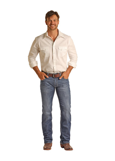 MENS STRAIGHT EMBROIDERED PKT REVOLVER DENIM JEANS