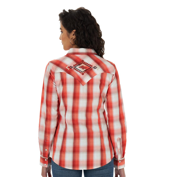 LADIES ORANGE PLAID LONG SLEEVE SHIRT