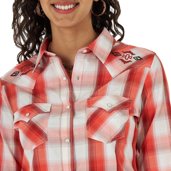 LADIES ORANGE PLAID LONG SLEEVE SHIRT