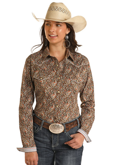 LADIES RS PAISLEY BROWN MULTI LS SNAP